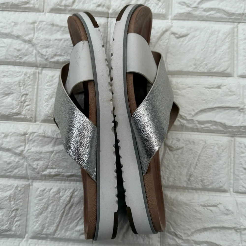 UGG Kari Silver and White Leather Cross-Strap Slide Sandals Size 8.5